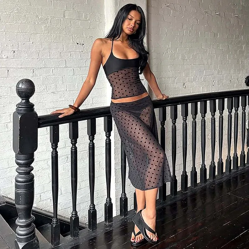 Sexy Mesh Polka Dot Two Piece Set Bodycon See Through Midi Dress Matching Set Jumpsuit