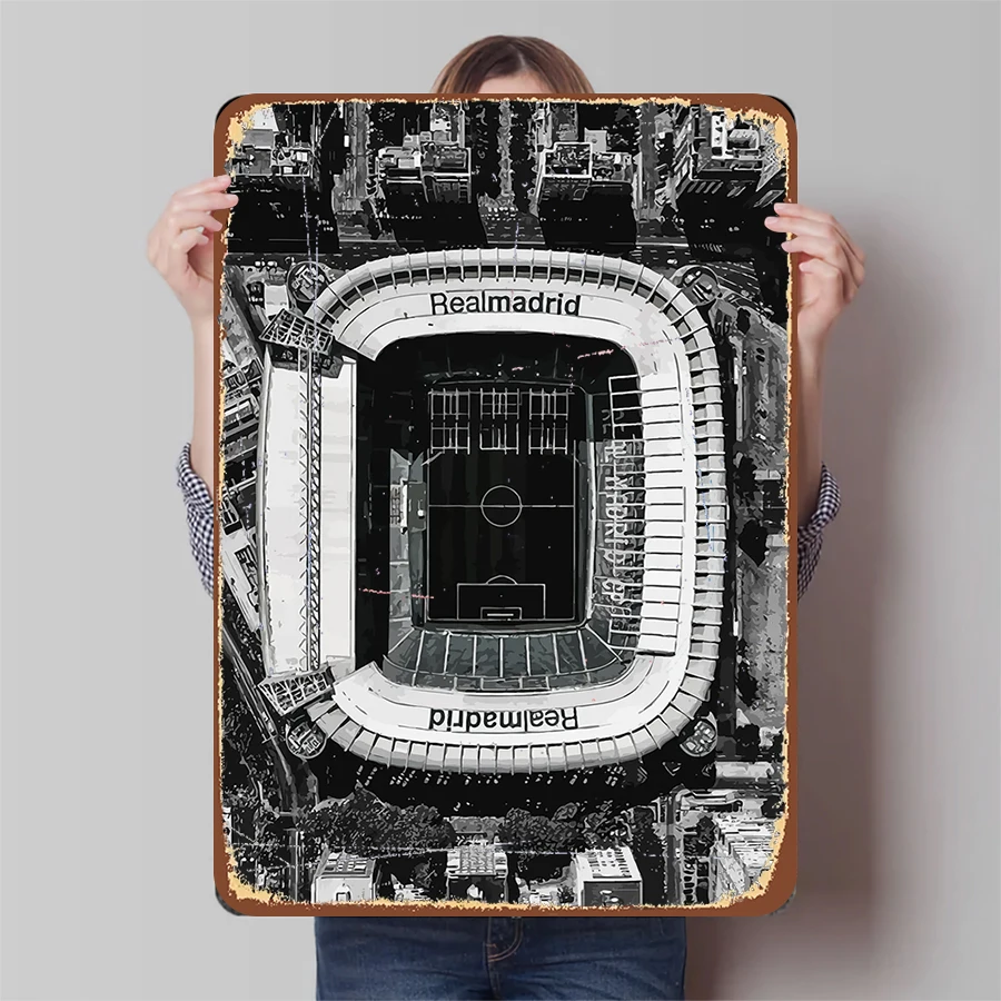 Vista aérea del estadio Real de Madrid, arte de pared de Metal, decoración deportiva en blanco y negro, colección de aficionados al fútbol, recuerdo