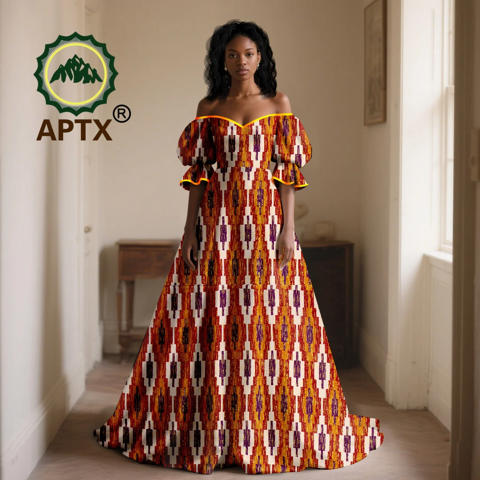 

African Dress for Women Ankara Strapless Elegant Print Puff Sleeve High Waist Floor-Length Dresses Dashiki Party Wedding Attire