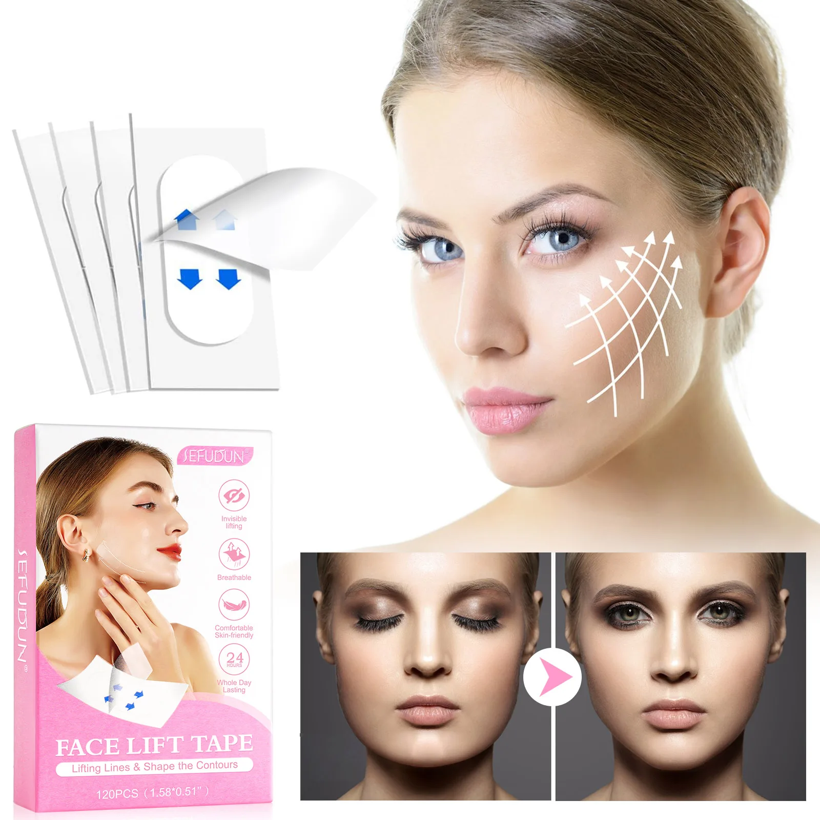 Fita de Lifting Facial Invisível para Rugas, Conjunto de 120 Peças, Levanta Linhas e Modela os Contornos, Respirável, Confortável e Amigável à Pele