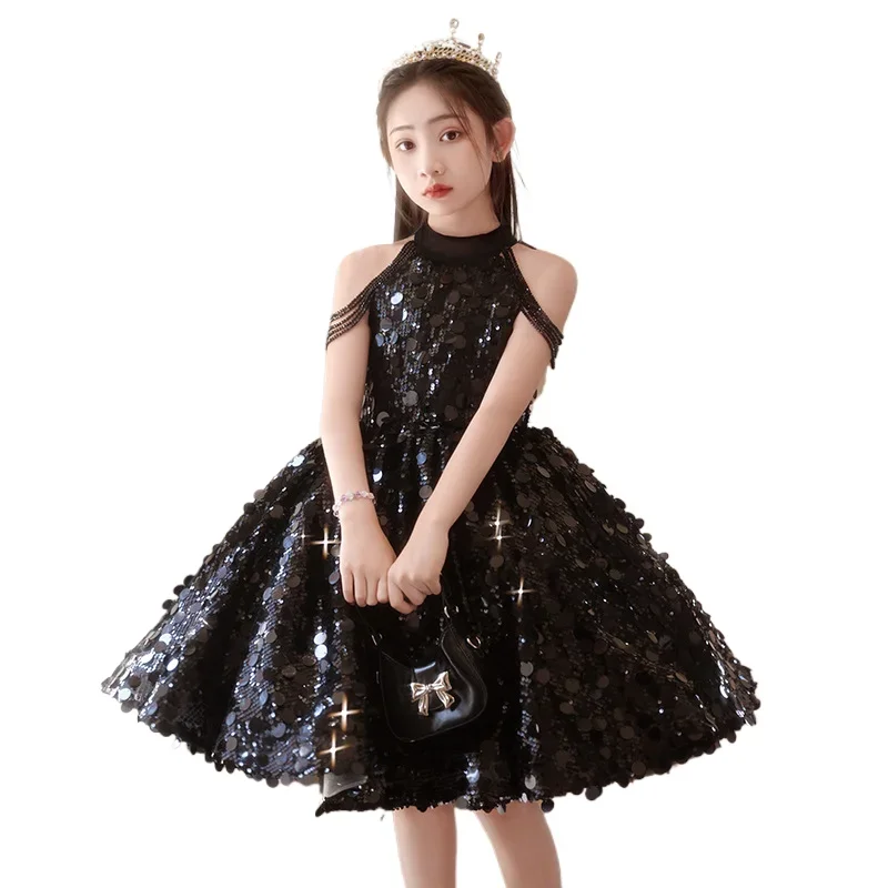 Black girl dress light luxury niche high-end host princess dress summer children\'s runway piano performance