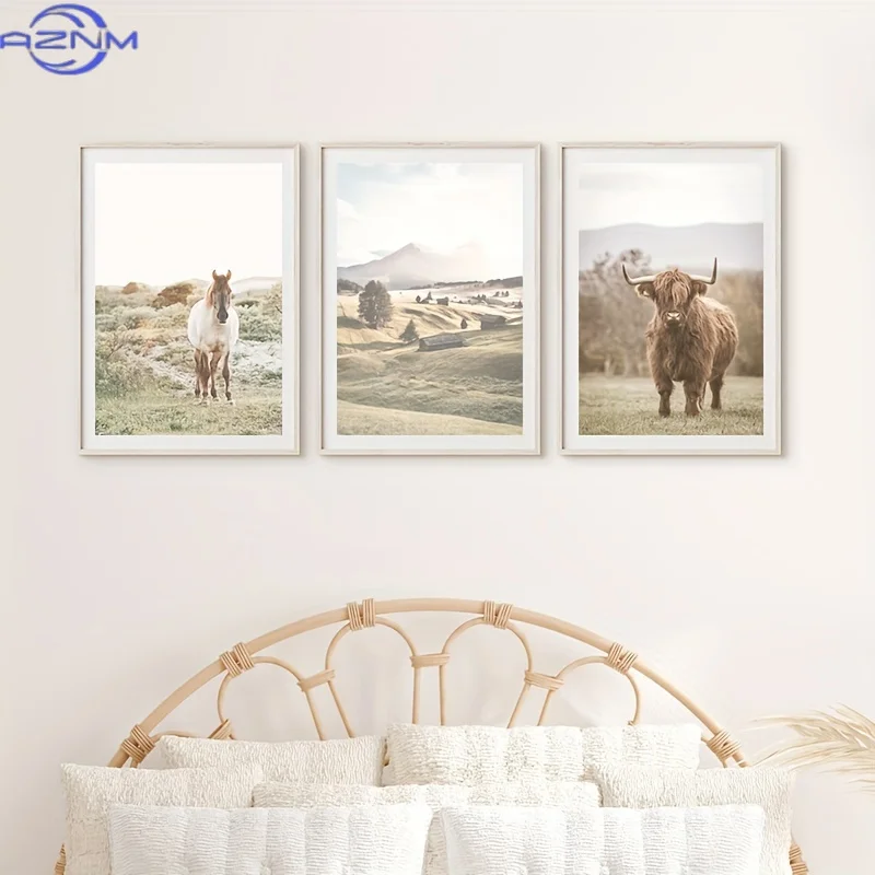 3pcs Modern Nature Mountains Forest Landscape Canvas Painting, Horse Poster And Prints Farmhouse Wall Art, Living Room Decoratio