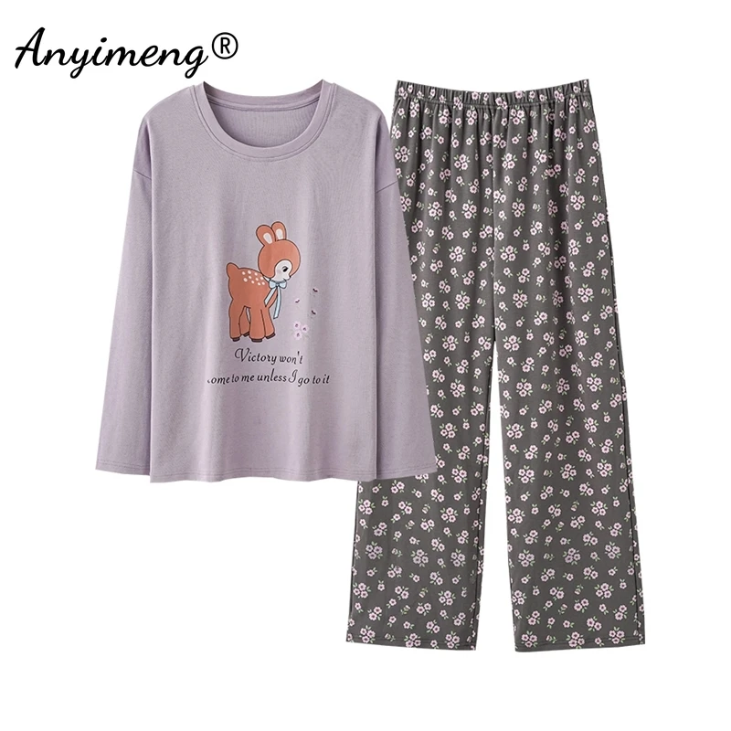 Girl Nightwear Lady Homesuit Sleepwear Cute Cartoon Loungewear Women Autumn Spring Woman Pajamas Set Pullover Long Sleeves Pjs