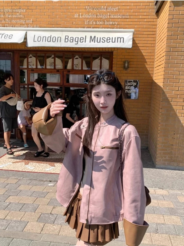 

Autumn Winter New 2025 Women's Loose Fit aron Color Blo PU Leather Jaet Korean Sle Street Faion ort Coat