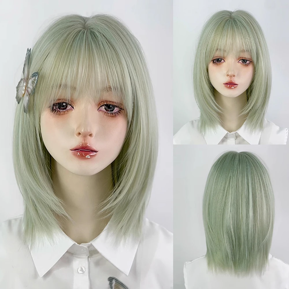 

Bob Green Lolita Cosplay Synthetic Wigs Short Straight Fluffy Women Wig with Bangs Heat Resistant for Daily Party