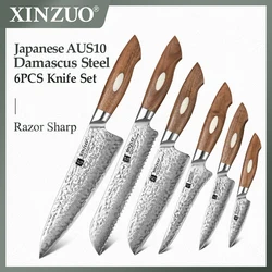 New XINZUO 6PCS Kitchen Knives Set 67-layer AUS10 Damascus Steel High Hardness Kitchen Knives Meat Vegetables Fruit Knives