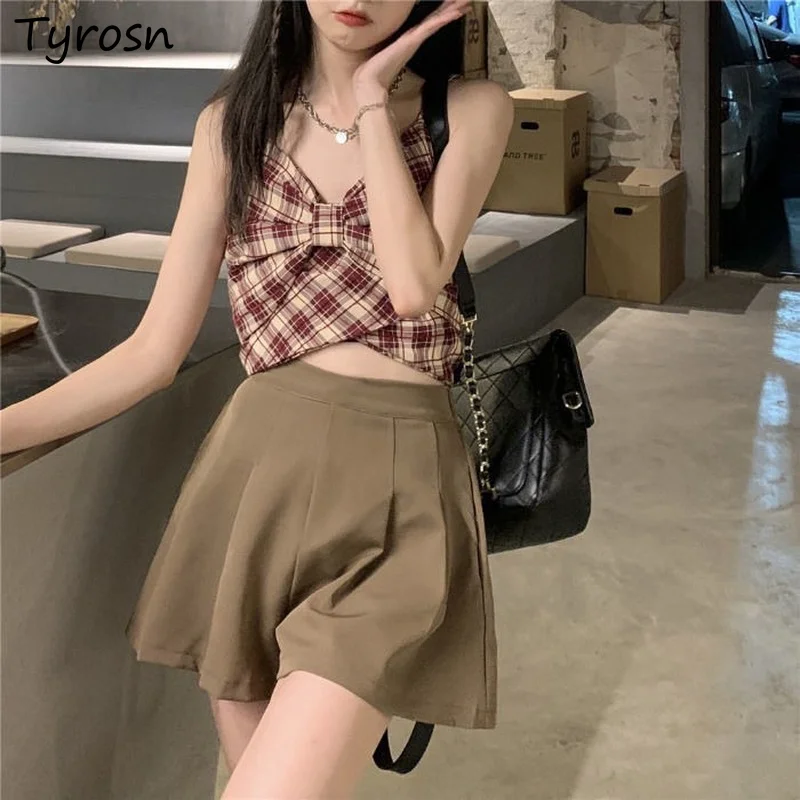 Zestawy damskie Sweet Plaid Camis Design Bow Sleeveless Crop Tops Pleated Shorts Trendy Sexy Ulzzang Chic Two Pieces for Summer Mujer