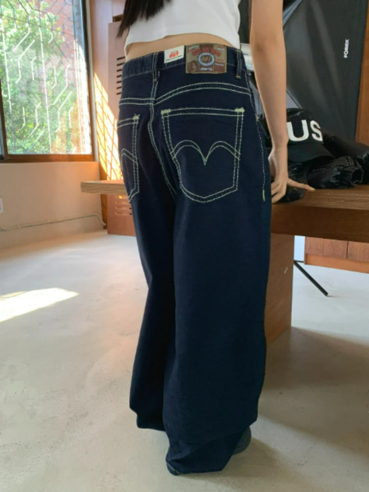 

Classic Color Retro adow Stitching Design Loose Wide Leg Versatile Jeans High Waist Straight Leg Long Pants Street Sle