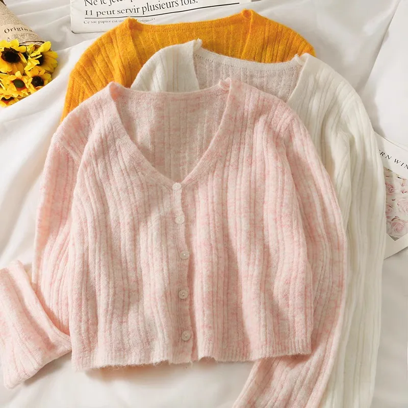 

Basic Solid Button Up V-neck Cute Sweater Cardigan Women Korean Style Black White Gray Orange Khaki Pink Cropped Cardigan Top