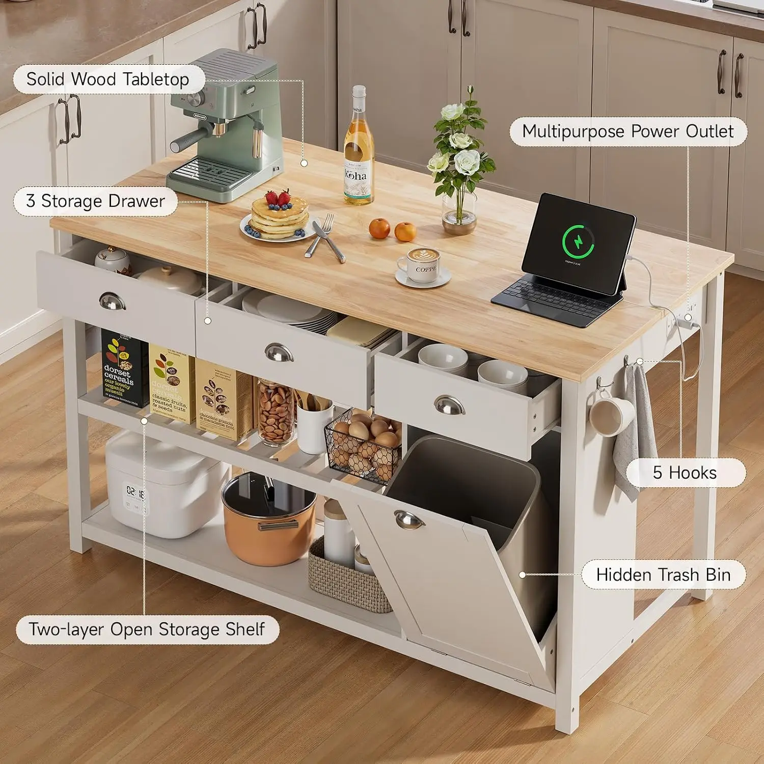 59" Kitchen Island with Storage, Solid Rubberwood Tabletop | Island Table with Power Outlet, 2-Tier Open Shelves, 3, Customized - view 4