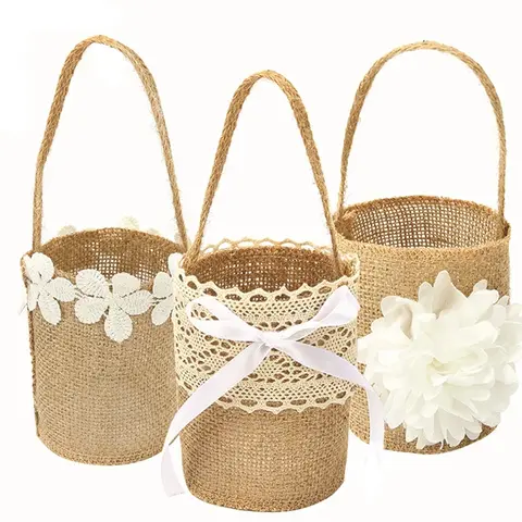 Wedding Lace Burlap Flower Basket Linen Handle Vintage Rustic Wedding Ceremony Table Decoration Baby Shower Party Candy Gift Bag