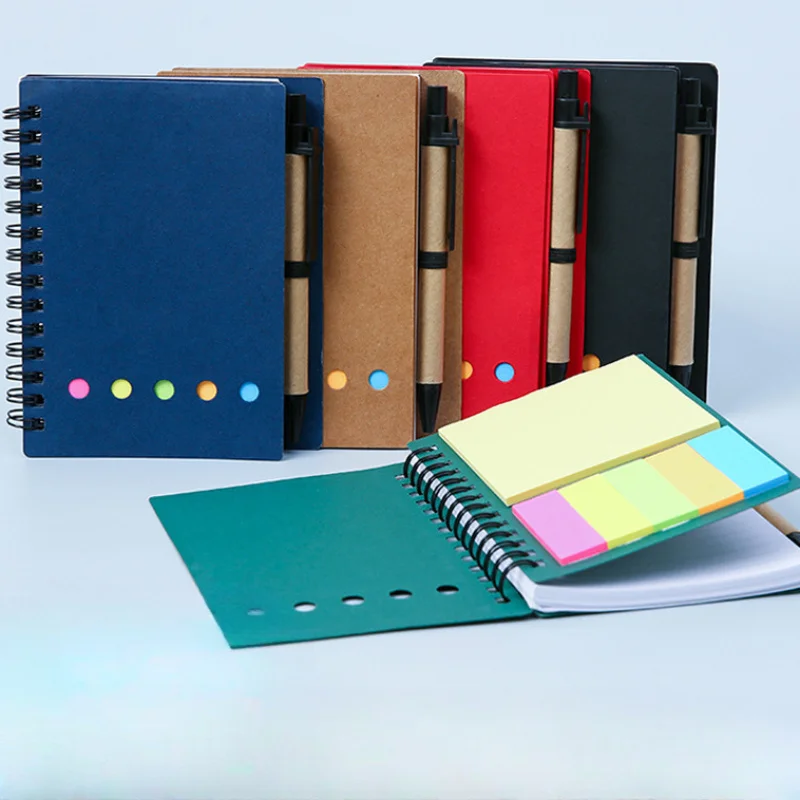 Spiral pocket notebook with pen holder, sticky notes, and colored index tags - Durable brown paper cover notebook  Easy to carry