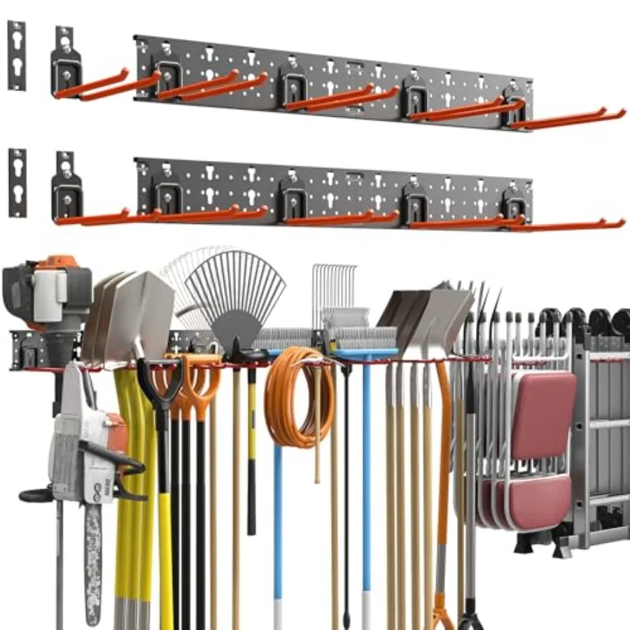 

Garden Tool Organizer Wall Mount, Garage Folding Chair Storage Rack, Tools Rack for Shovels, Rakes, Broom, Ladders, Hooks for K