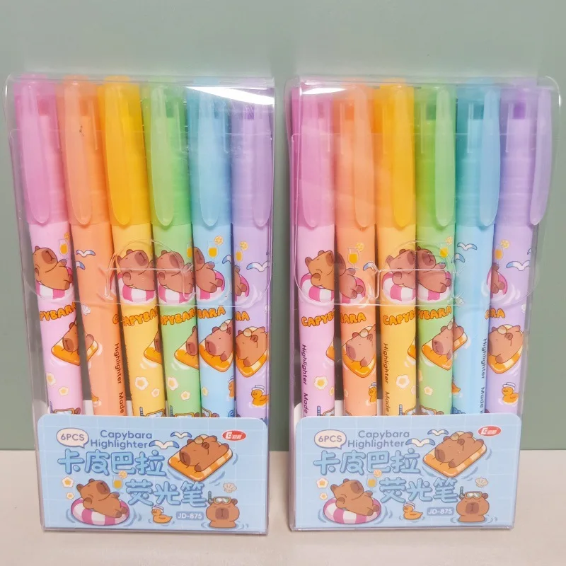 6Pcs/Set Capybara Cartoon Double Nib Highlighter Pens Stationery Student Only Key Points Marker Colored Marking Fluorescent Pen