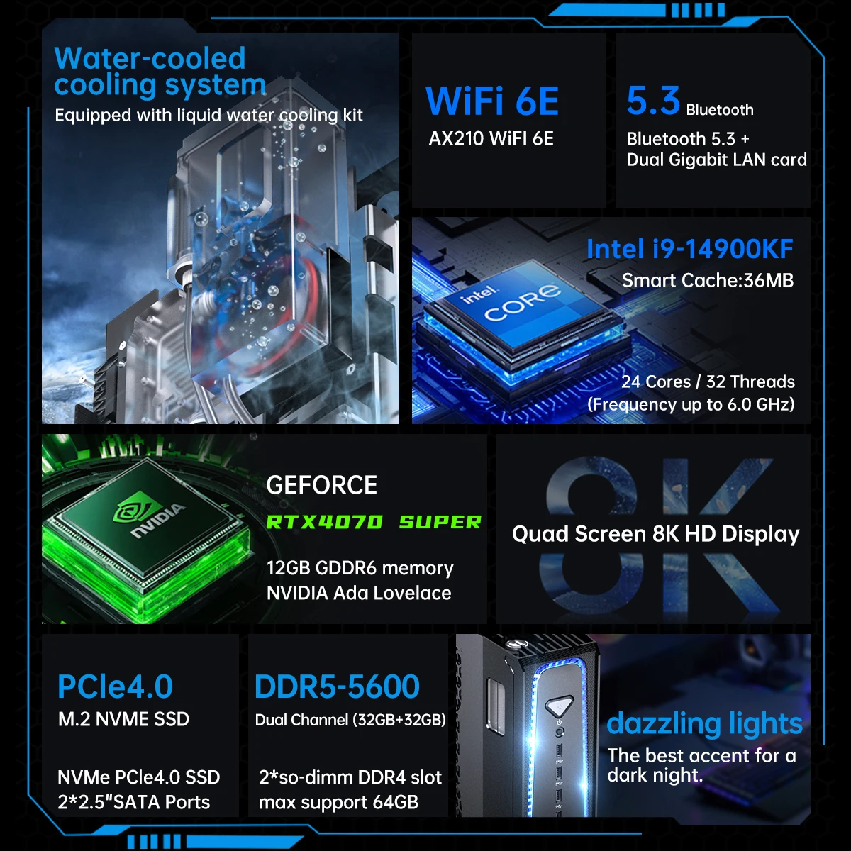 MSECORE SL800 i9 13900KF Flüssigkeitsgekühlter Computer Gaming PC NVIDIA RTX4070S 12 GB DDR5 wifi6E BT5.3 Nvme SSD Desktop-Computer