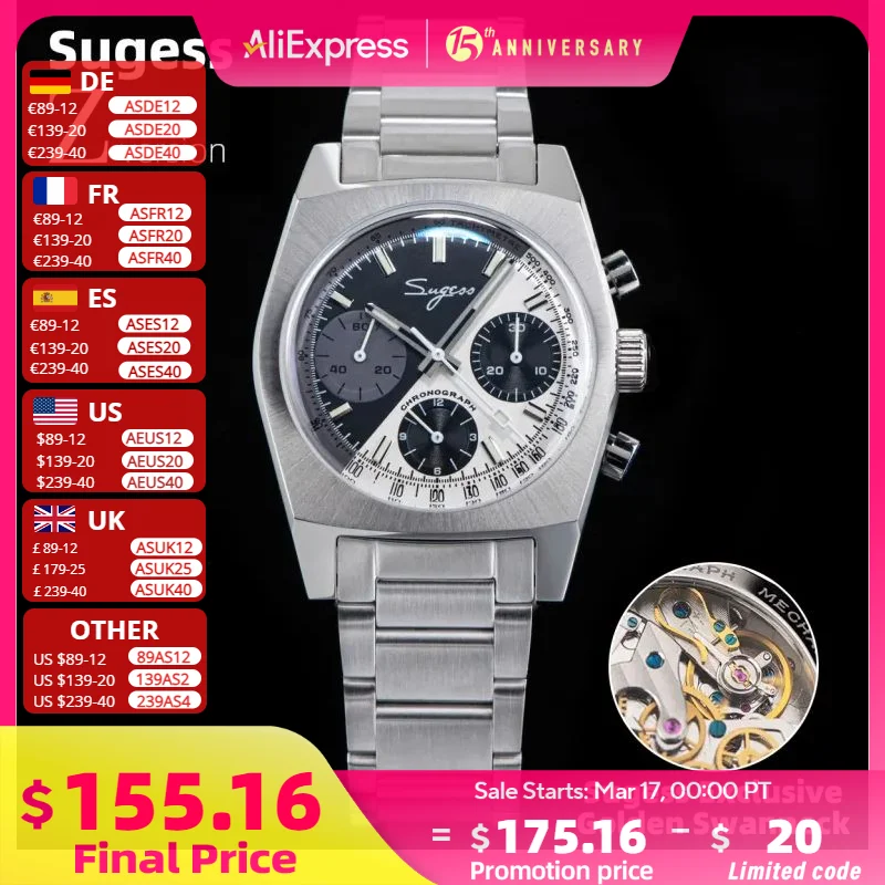 Sugess S419 Series 37mm Original Swanneck Movement Chronograph Master Mens Watch Mechanical Wristwatch Dome Sapphire Crystal New