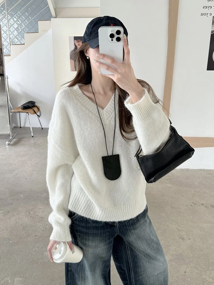 Suéter de Punto ueso y Largo con Cuello en V para Mujer, Hoado, Cómodo, Suave, Informal, de Moda para Otoño e Invierno