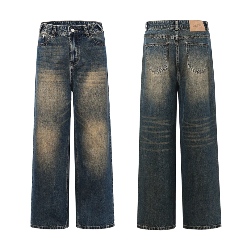 

New Retro Niche Worn-Out Distressed Washed Straight Leg Jeans For Men Loose And Versatile Wide Leg Casual Floor Length Pants