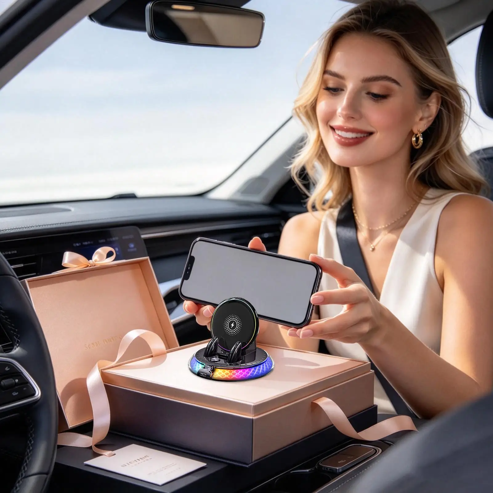 Car Mount Charger 360 Degree Rotating Stand with Rgb Light Wireless Car Charger Mount for Dashboard  Auto Driver Truck Vehicle
