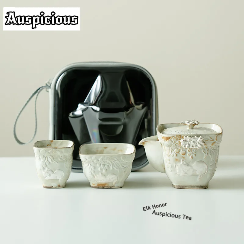 

Retro Relief Cat Tracing Silve Travel Tea Set Kit Japanese 1 Pot 3 Cups Tea Maker Organizer Portable Outdoor Handbag Teaset Gift