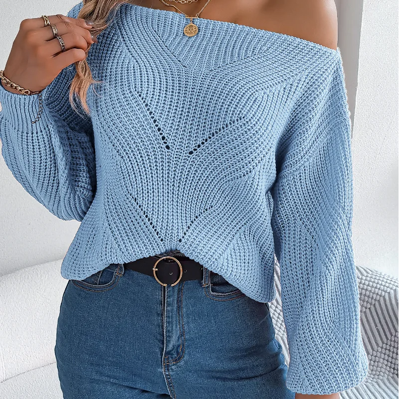 Women Autumn and Winter Fashion New Slash Neck Off Shoulder Knitted Sweater Solid Color Loose Cozy Hollow Out Lantern Sleeve Top