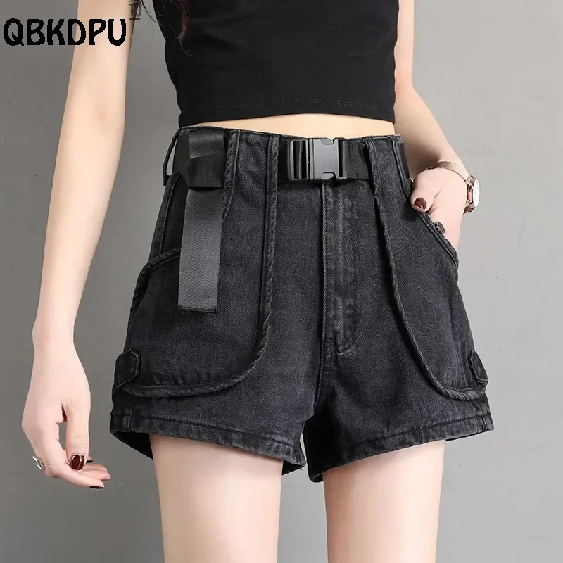 Streetwear Cargo Belt Denim Shorts Oversize 5XL Casual Pantalones Cortos Women 2025 Summer Black Blue High Waist Short Jeans New