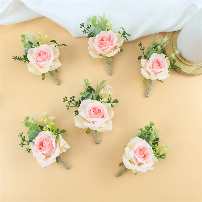 Pink Silk Roses Wedding Bride and Groom Artificial Flowers Boutonniere Wedding Accessories  Buttonhole Brooch Flower Brooch Pins