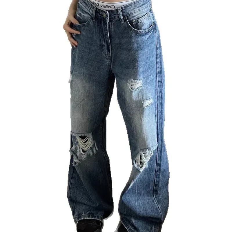 

Y2K Women American Street Style Ripped Vintage Jeans Fashion Straight Leg Baggy Destroyed Design Soft Casual Long Floor Pants