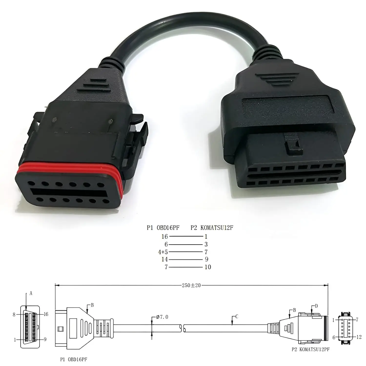 كابل تشخيص Obd2 لكوماتسو 12 دبوس، محول Cummins Inline6، كابل سلك obd ii