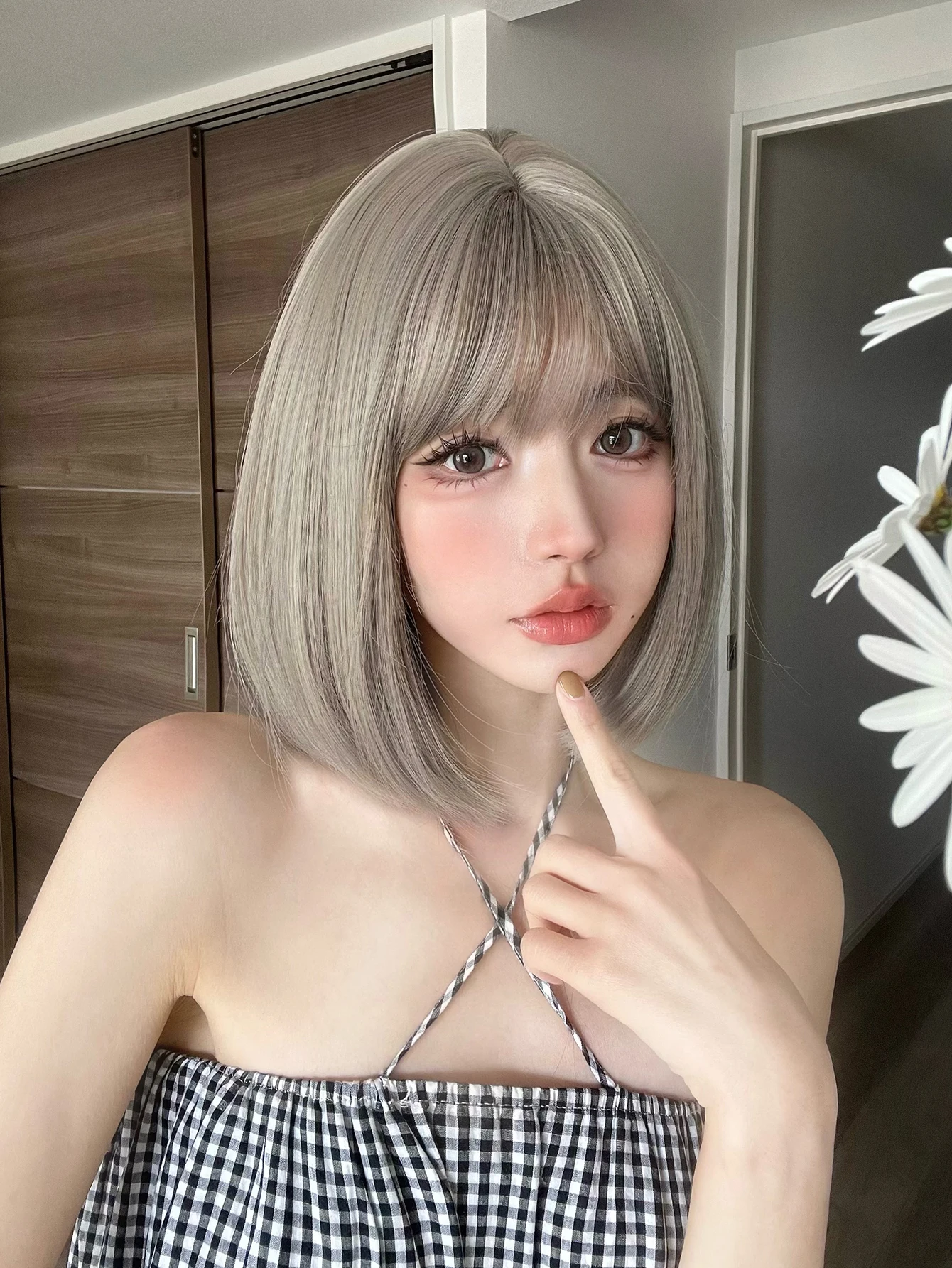 12Inch Gridelin Color Synthetic Lolita Wig With Bang Medium Natural Straight Hair Wig for Women Daily Cosplay Heat Resistant