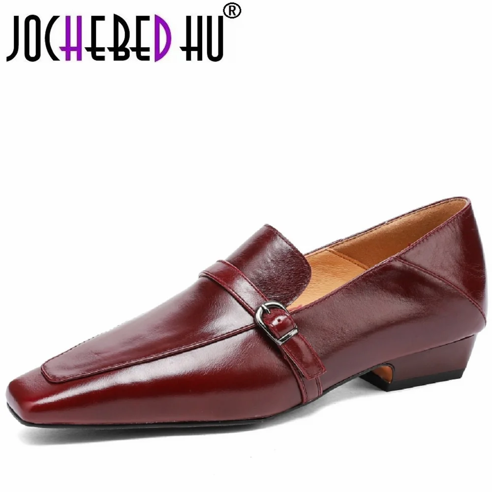 

【JOCHEBED HU】Women Luxury Elegant Handmade Genuine Leather Square Toe Design Casual Ladies Mid Heel Soft Soled Shoes 34-41