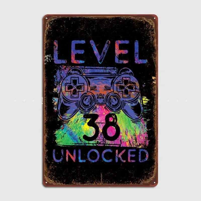 Colorful Gamer Level 38 Wall Art Mural Retro Room Decor Aesthetics Vintage Metal Signs for Bar Garage Wall Art Decoration Home