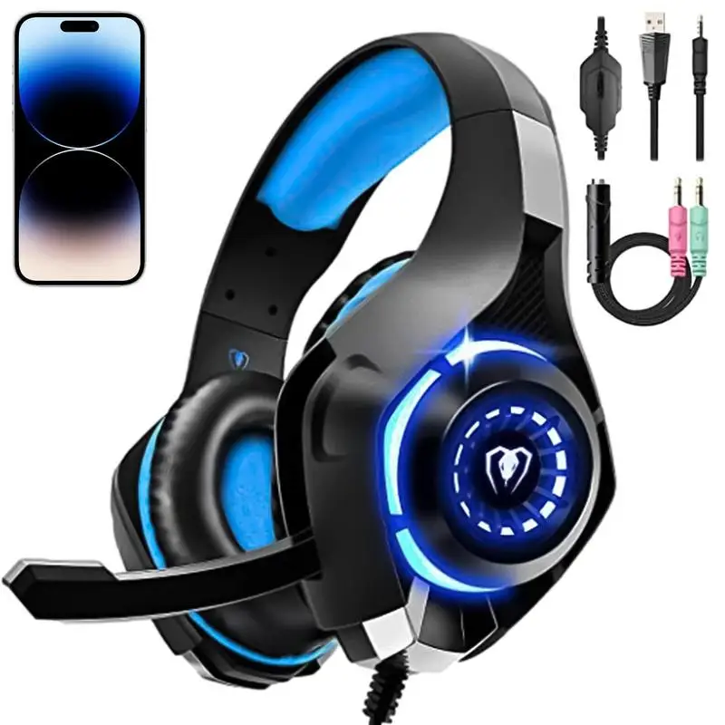 

On Ear Headphones With Mic Portable Wired Headphones Game Wired Headphones With LED Lights Headphone With 2.1M No-Tangles Cord