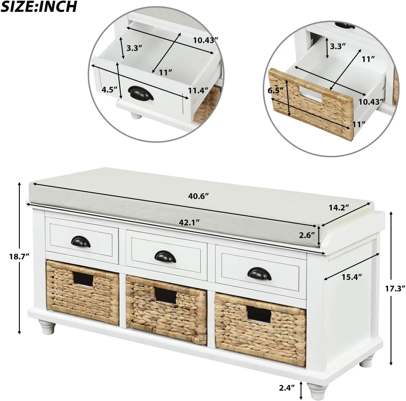 Storage Bench with 3 Drawers, 3 Rattan Baskets and Removable Cushion for Entryway, Shoe Bench End of Bed Bench 3-Cube