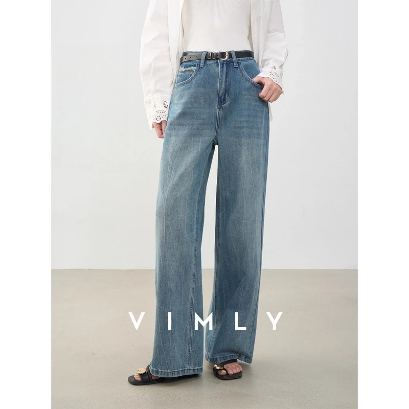 

VIMLY Blue Denim Woman Pants Autumn Vintage 2025 Straight Wide Leg Pocket Female Jeans Casual Button Loose Trousers Ladies 75052