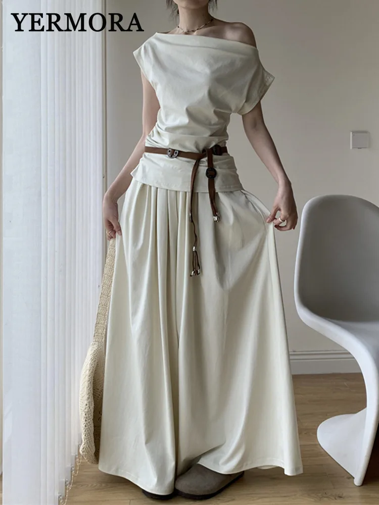 

YERMORA Women Apricot Pleated Off-shoulder Belte Tops Two Pieces Set High Elastic Waist Skirt Fsahion Spring Summer 2025