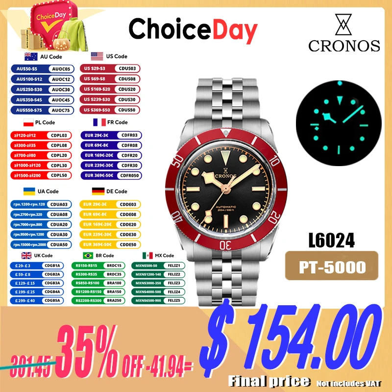 Cronos Luxury Men's Watches 37mm BB54 Diver Watch Vintage Automatic Matt/ Aluminum Bezel Female End Links Sapphire 20 Bar L6024