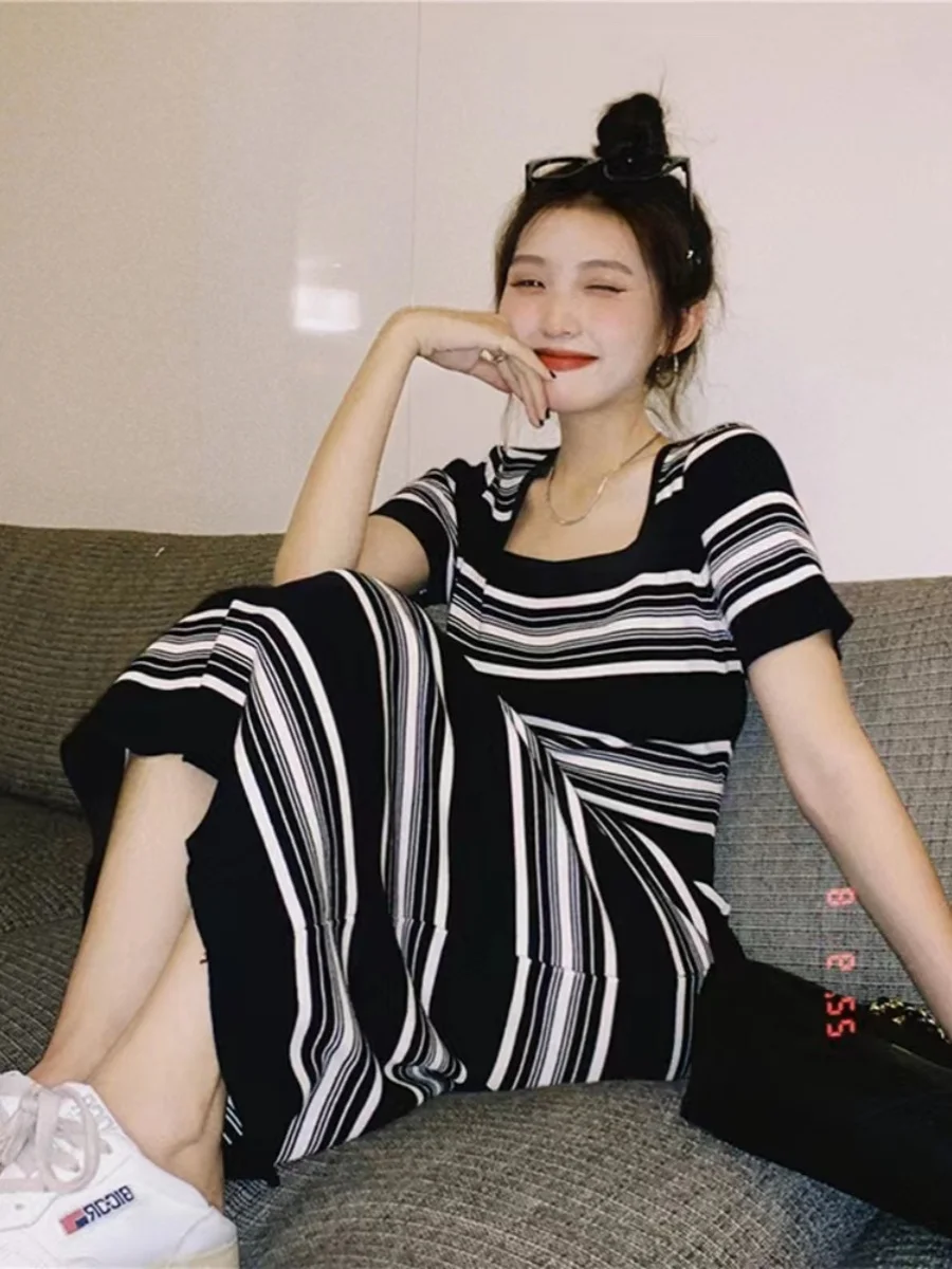 

Новое летнее женское трикотажное платье для похудения, повседневное трапециевидное платье средней длины, цветное платье в полоску, повседневное платье