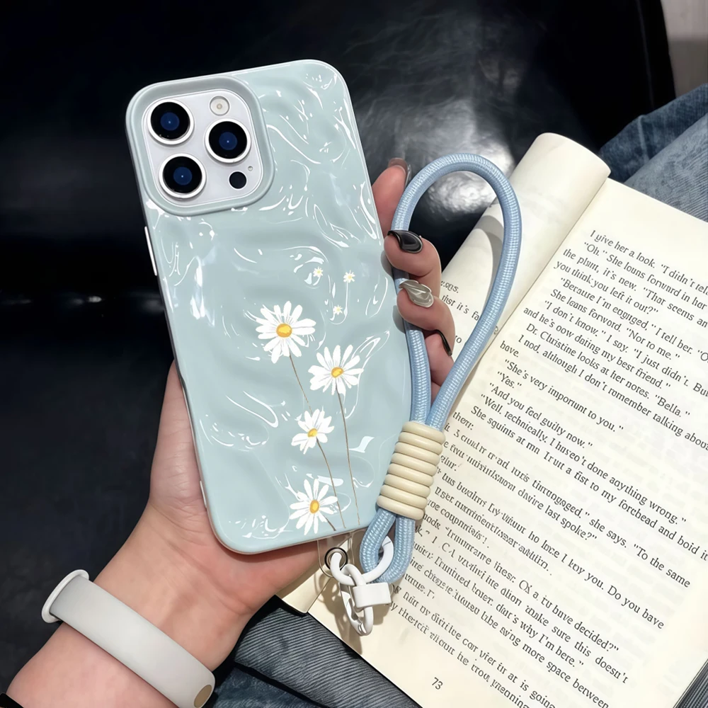 Einfache Gänseblümchen-Blumen-Silikon-Handyhülle für iPhone 17 15 13 11 12 14 16 17 Pro Max 14 15 Plus 17Air mit Lanyard-Hülle – Detail 1