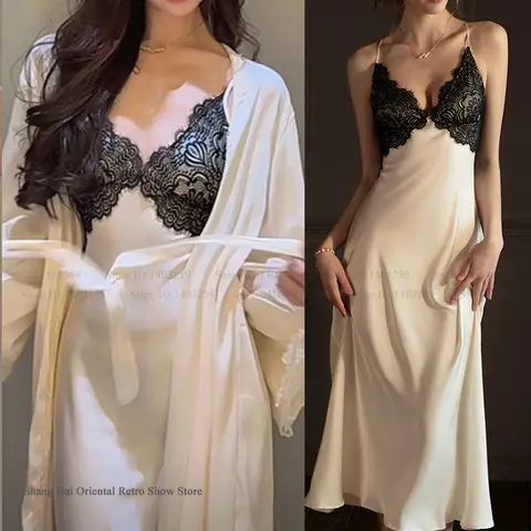 섹시한 긴 로브 잠옷 2 개 세트, 실크 새틴 잠옷, 잠옷, 란제리 패치워크 레이스 홈웨어, 용수철 여름 신상