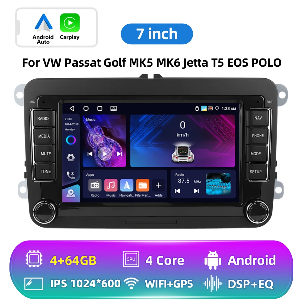 Podofo 6+128G Android 2Din autoradio met Carplay, Android Auto, GPS, FM-ontvanger, AI-stem, DSP voor VW, Seat, Skoda, PASSAT, GOLF