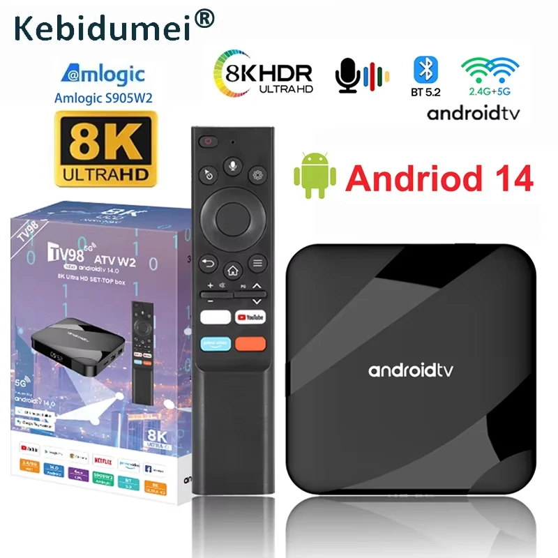 スマートTVボックスAndroid14,4GB/64GB,8K HD,TVデコーダー,クアッドコア,2.4および5 GB,wifi,デュアル,音声リモコン,メディアプレーヤー,av1 s905w2ホームセットトップボックス