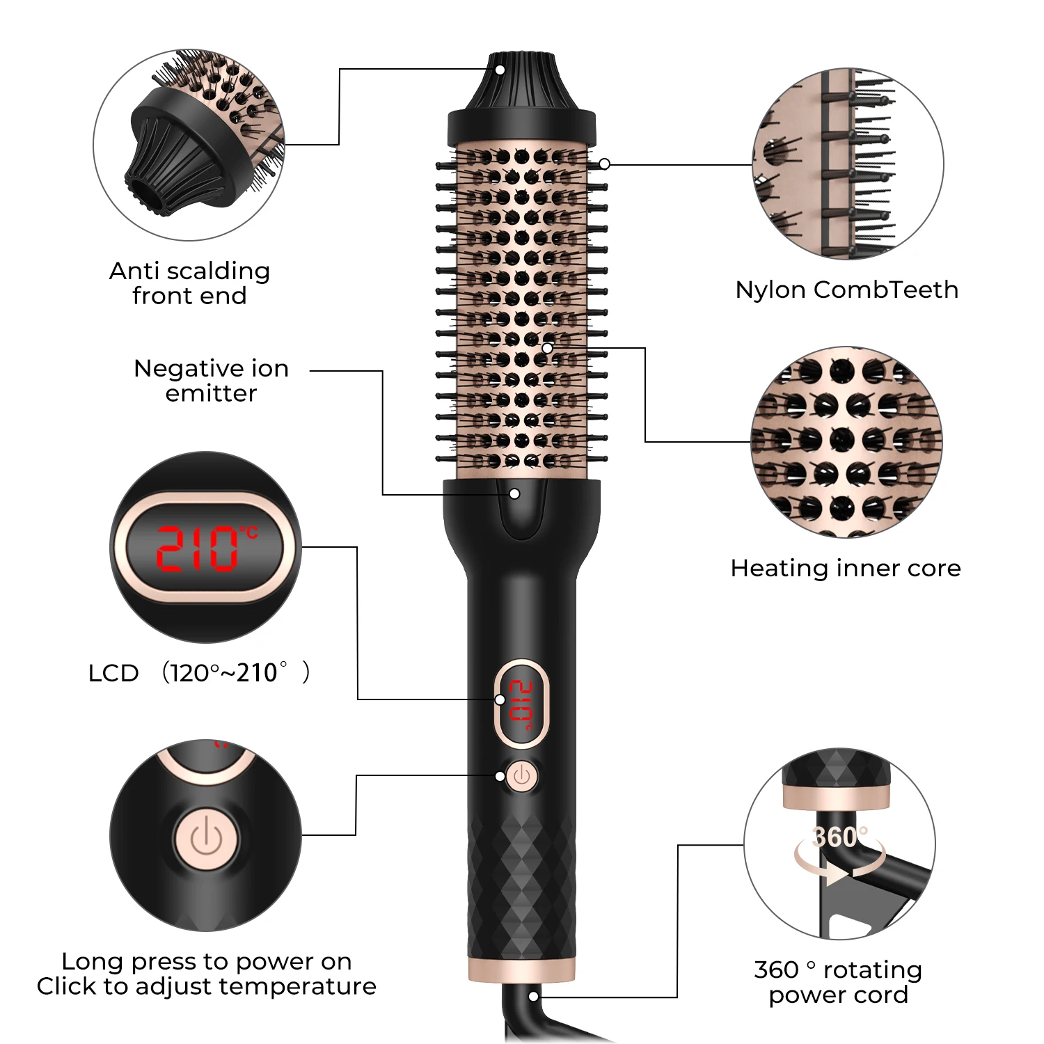 1.5 Inch Thermal Brush Heated Round Brush LCD Display 10 Temps Double PTC Thermal Brush Heated Curling Iron Brush Hair Curler