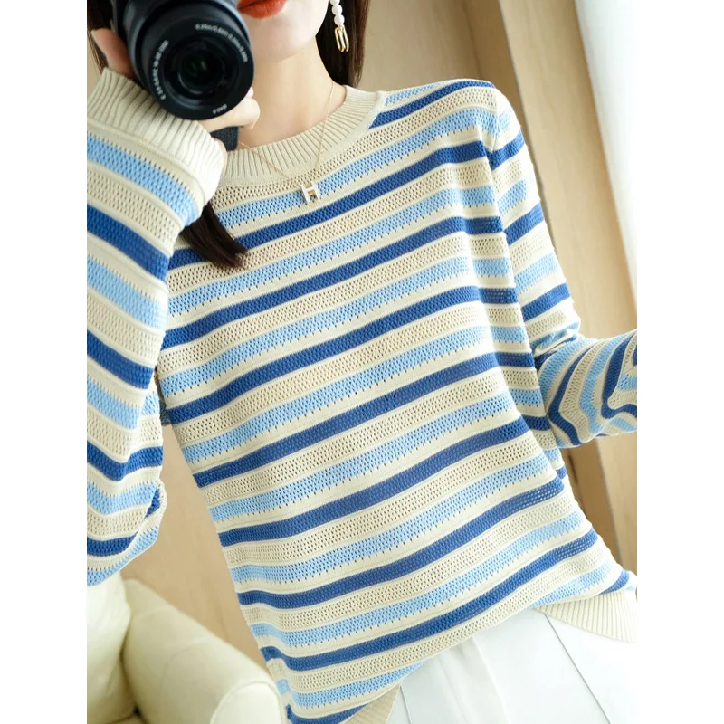 

Loose Long Sve Women's Knitted Sweater round Ne Hollow out Rainbow Stripes Design Faionable Color Blo Sle for Autumn