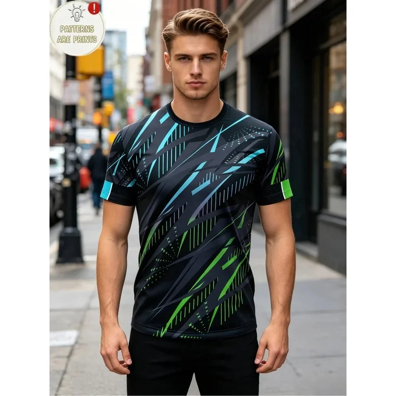 Men's Quick Dry Sports Tshirt High Elasticity Light Blue Diagonal Printed Breathable Training Shirt