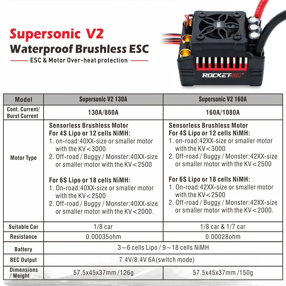 ROCKET RC Supersonic V2 4268 4274 4282 4292 Brushless Motor Temp/Sensor port and 130A 160A ESC Combo for 1/8 1/7 RC Car RC Parts