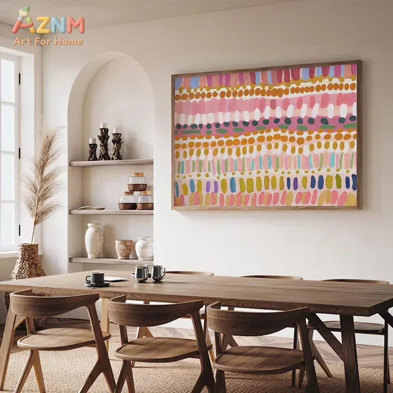 AZNM Colorful Abstract Vertical Striped Canvas Wall Art, Vibrant Brush Stroke Dots Print, Frameless Modern Boho Canvas Painting