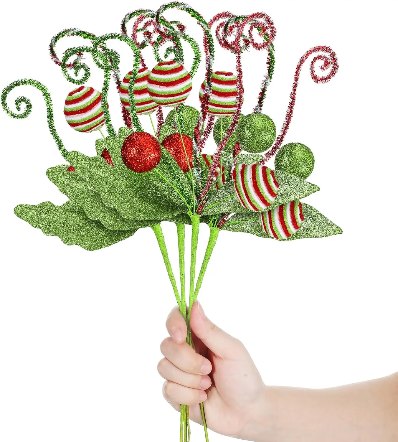 

12 Pcs Christmas Tree Picks 15'' Red Green Glitter Curly Sprays for Tree Wreath Vase Decor