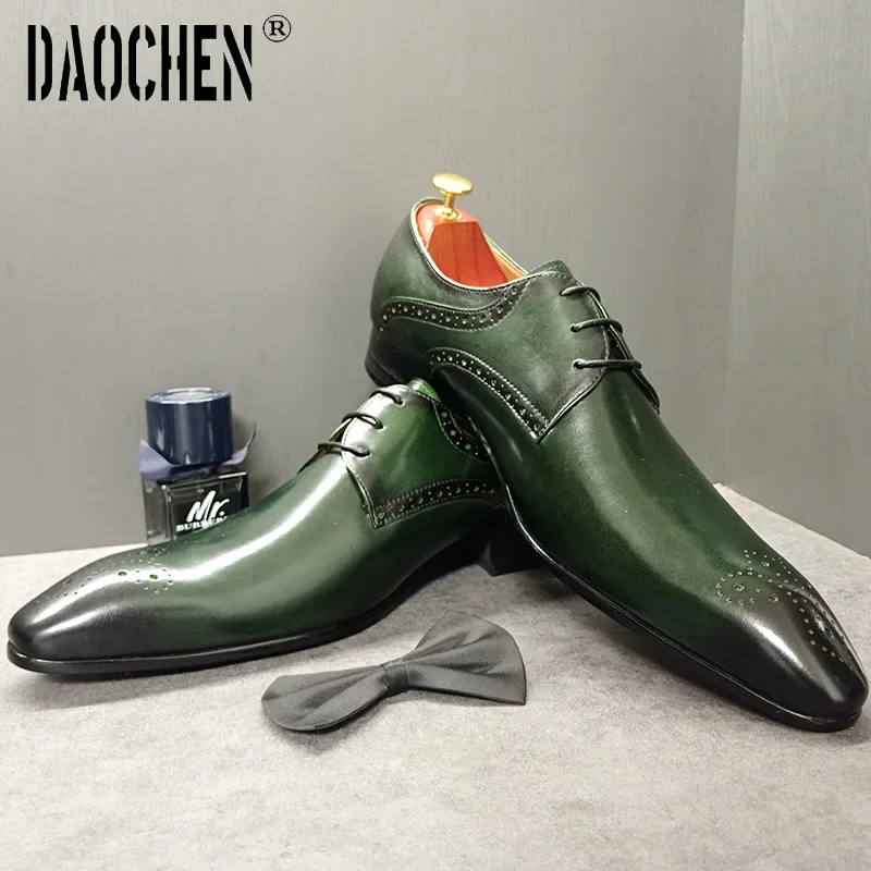 Luxury Brand Derby Men Shoes Lace Up Pointed Toe Brogue Green Black Shoes Casual Dress Wedding Office Leather Shoes Men