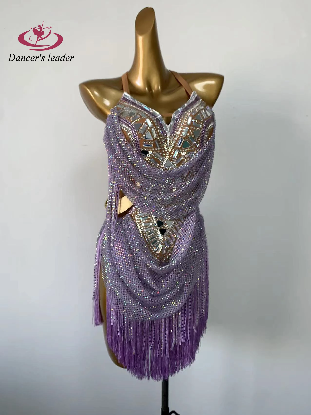 Latin Dance International Stage Women's High-end Design Purple Diamond Net Samba Rhinestone Performance Dress